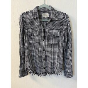Current/Elliott The Perfect Shirt Plaid Fringe Hem Button Down Top Sz 0 or‎ XS